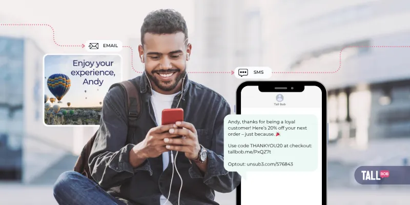 Man receiving an SMS loyalty reward after an email offer, illustrating Tall Bob’s integrated email and SMS customer journey.